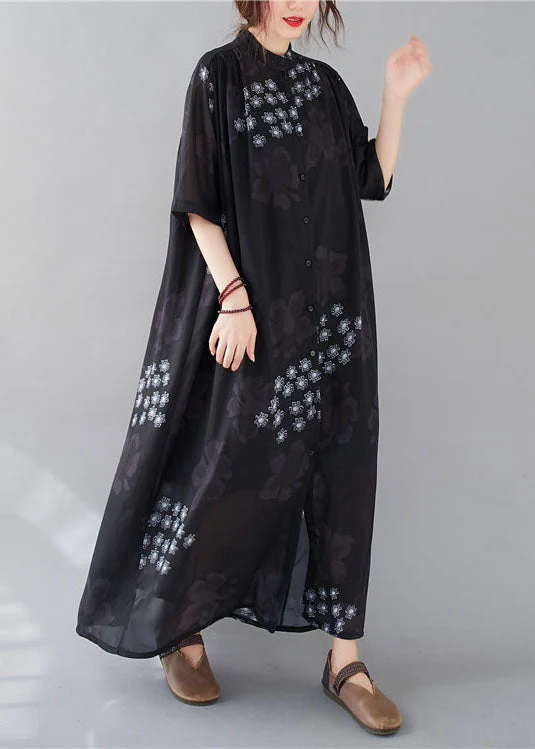 Bohemian Black Stand Collar Oversized Print Chiffon Shirt Dresses Summer - Image 3