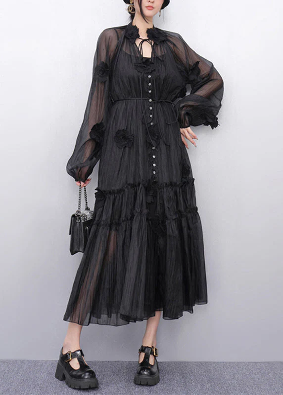 Bohemian Black Stand Collar Ruffled Chiffon Long Dresses Fall - Image 2