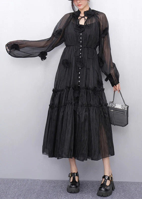Bohemian Black Stand Collar Ruffled Chiffon Long Dresses Fall - Image 3