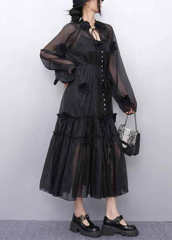 Bohemian Black Stand Collar Ruffled Chiffon Long Dresses Fall - Image 4