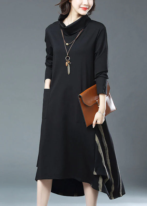 Bohemian Black Striped Pockets Patchwork Cotton Dress Fall - Image 2