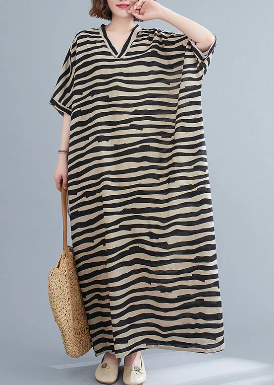 Bohemian Black Striped V Neck pockets Long Dress Short Sleeve - Image 2