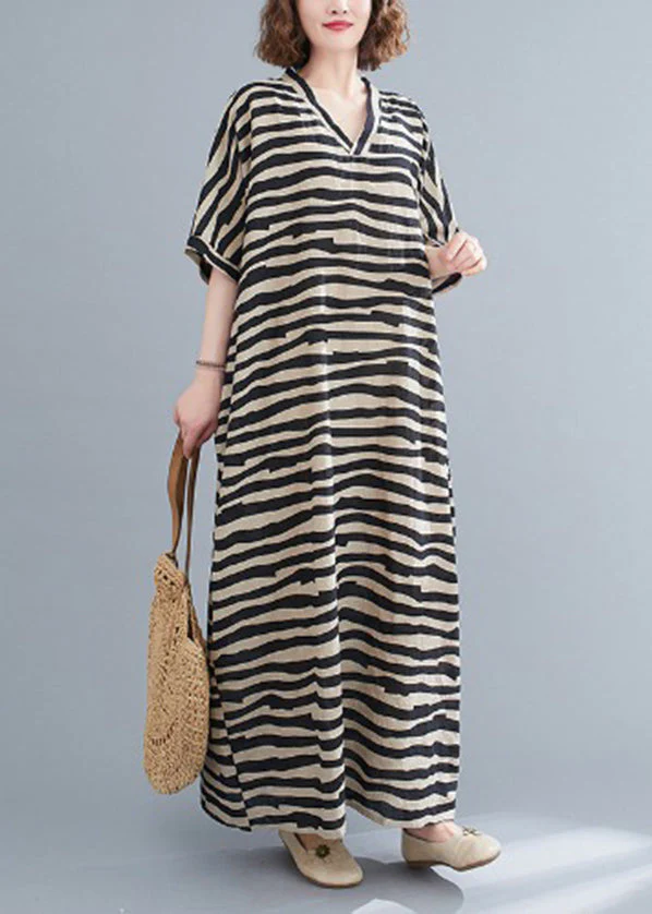 Bohemian Black Striped V Neck pockets Long Dress Short Sleeve - Image 3