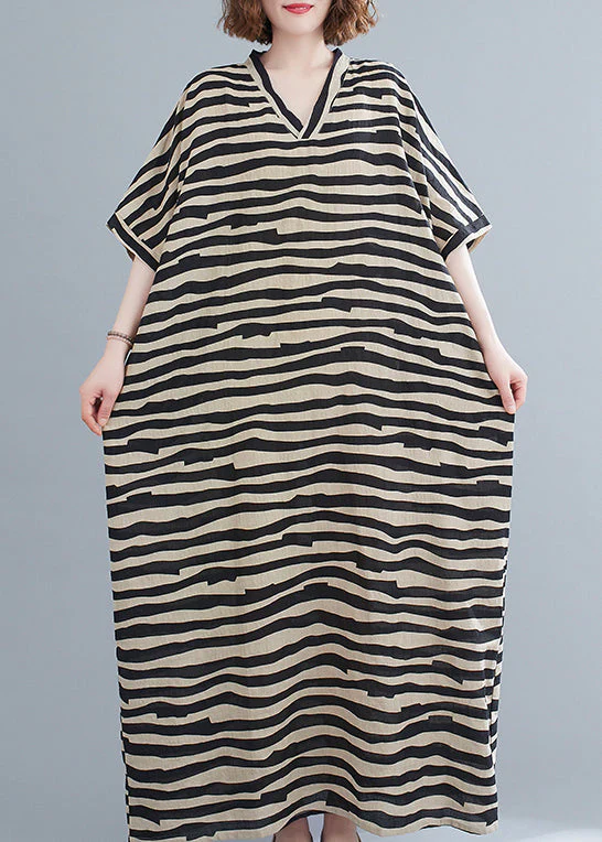 Bohemian Black Striped V Neck pockets Long Dress Short Sleeve - Image 4