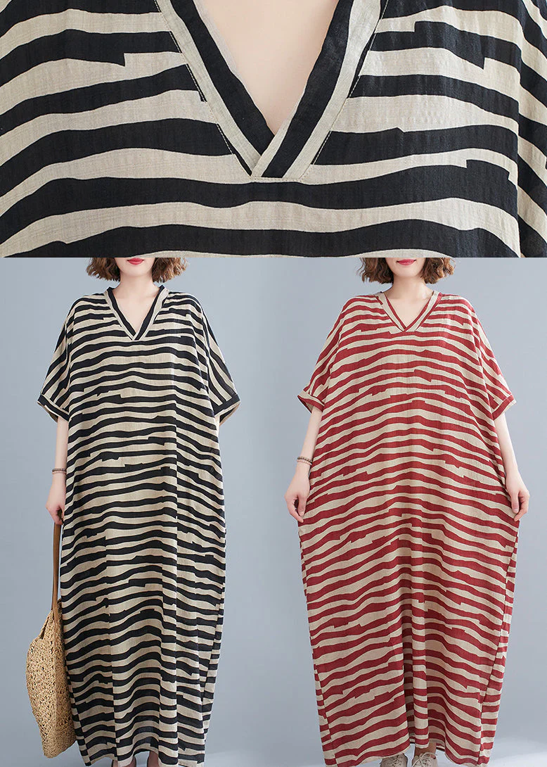 Bohemian Black Striped V Neck pockets Long Dress Short Sleeve - Image 5