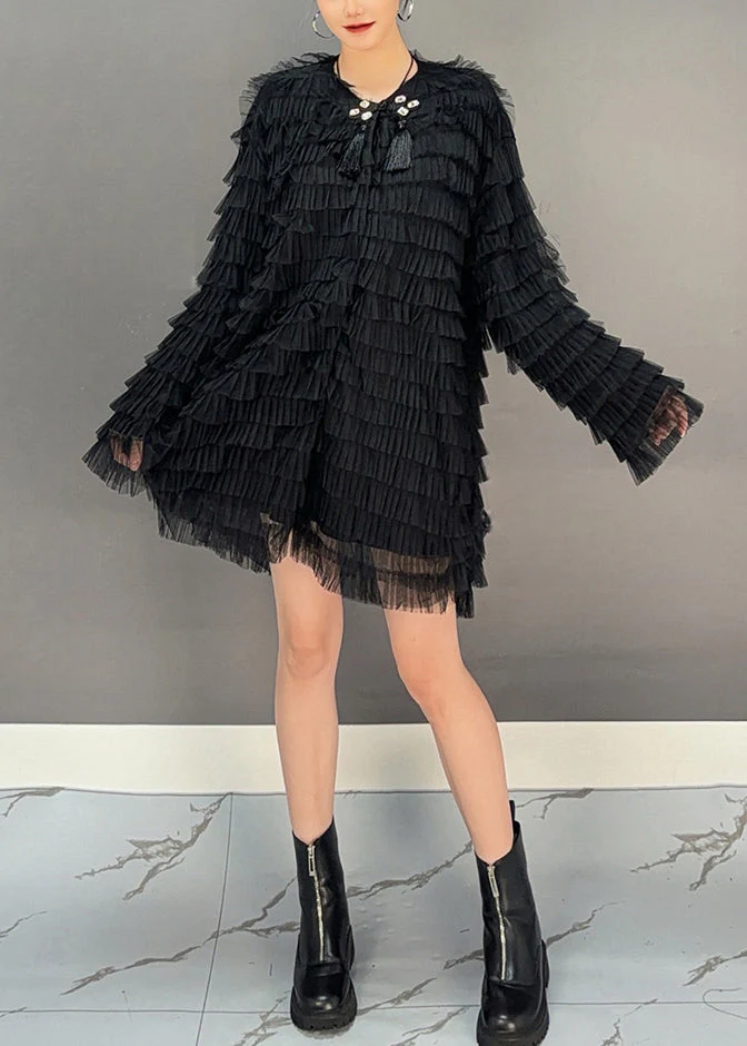 Bohemian Black Tulle Patchwork Solid Mid Dresses Spring - Image 2