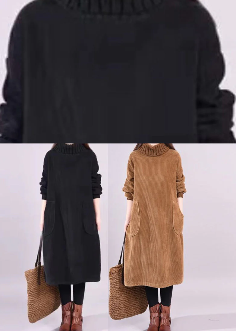 Bohemian Black Turtle Neck Patchwork Warm Fleece Corduroy Dress Long Sleeve - Image 5