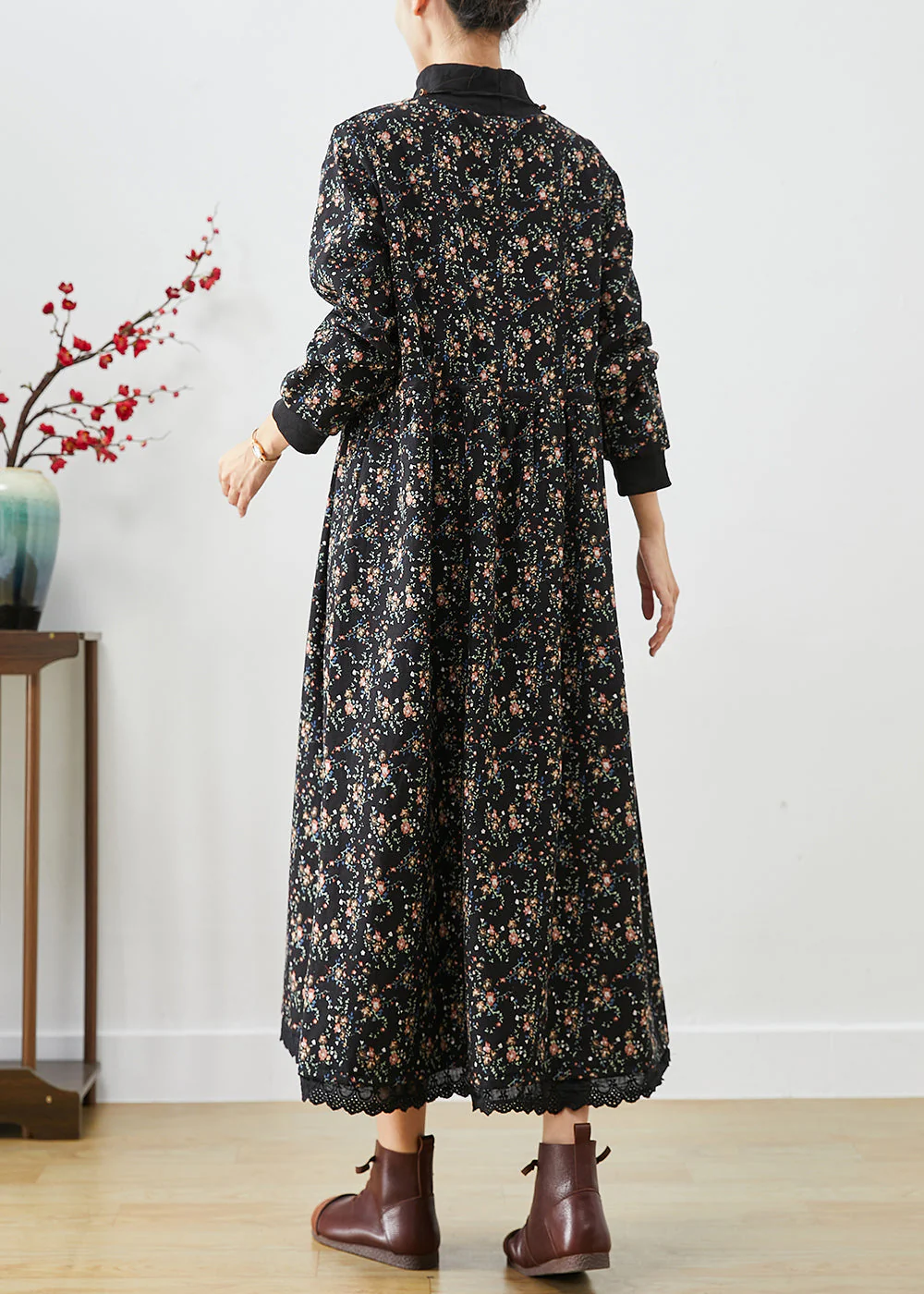 Bohemian Black Turtle Neck Print Warm Fleece Long Dress Winter - Image 4