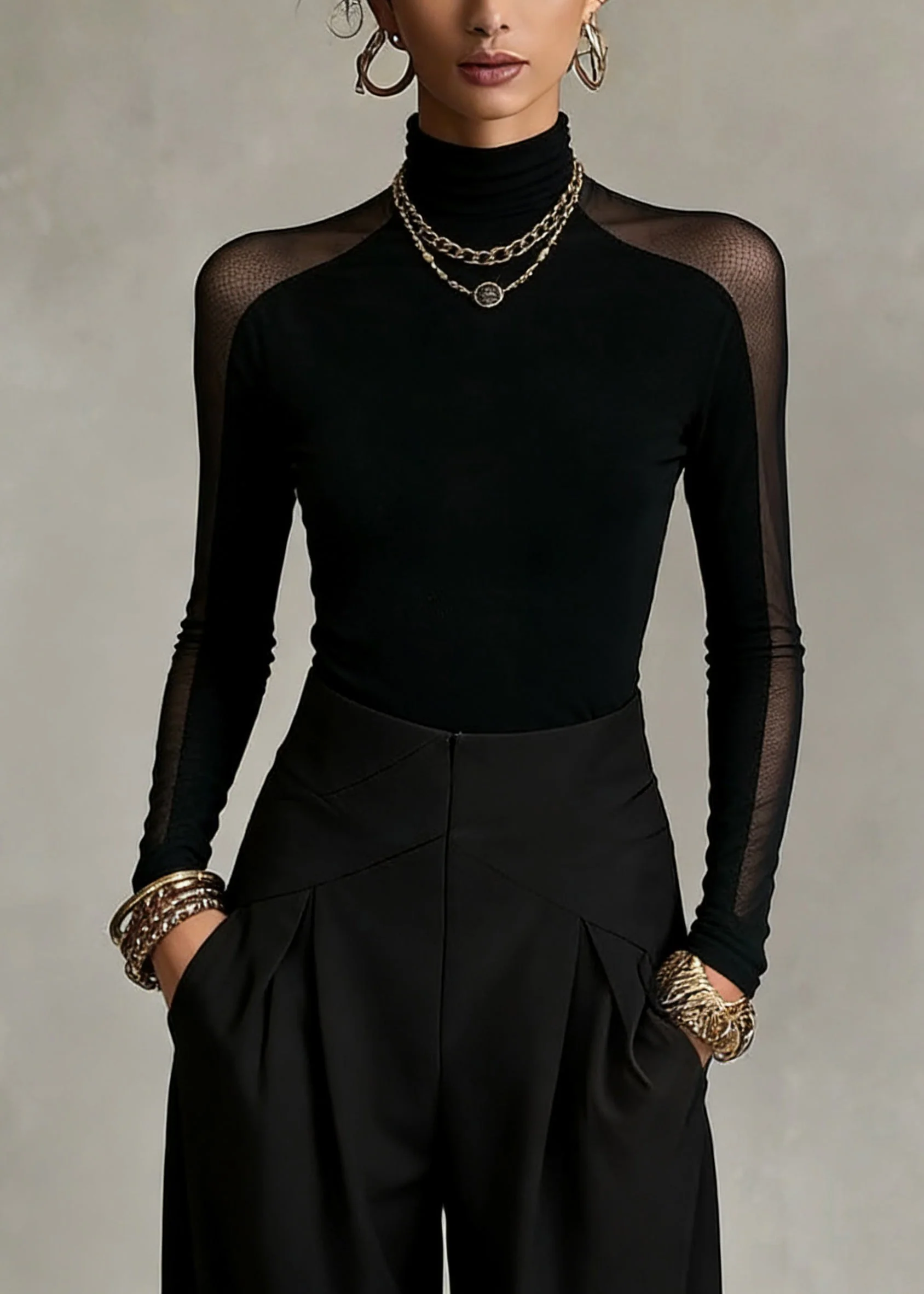 Bohemian Black Turtleneck Patchwork Tulle Top Spring