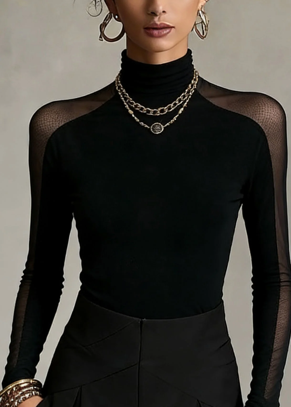 Bohemian Black Turtleneck Patchwork Tulle Top Spring - Image 2