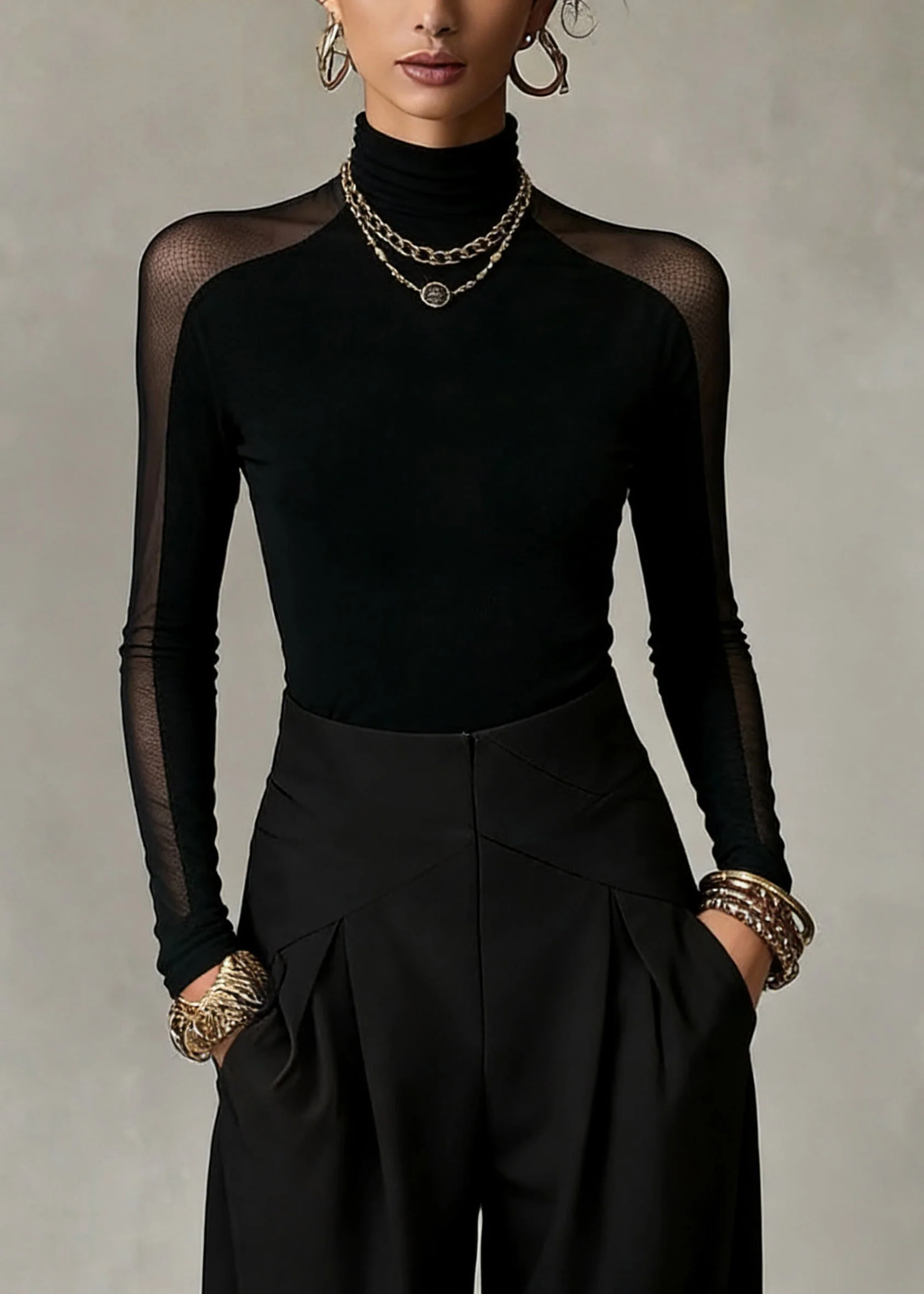 Bohemian Black Turtleneck Patchwork Tulle Top Spring - Image 3