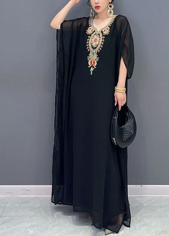 Bohemian Black V Neck Embroidered Patchwork Tulle Maxi Dresses Long Sleeve - Image 3
