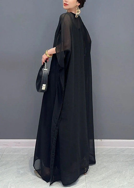 Bohemian Black V Neck Embroidered Patchwork Tulle Maxi Dresses Long Sleeve - Image 4