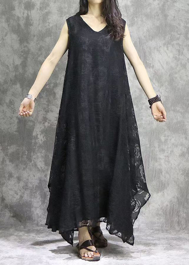 Bohemian Black V Neck Exra Large Hem Silk Beach Dress Sleeveless - Image 2