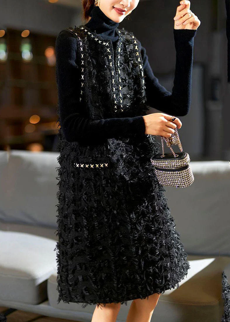 Bohemian Black V Neck Patchwork Tassel Mid Dress Fall - Image 2