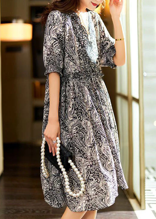 Bohemian Black V Neck Print Patchwork Chiffon Dress Summer - Image 4