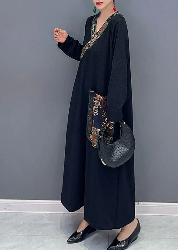 Bohemian Black V Neck Print Patchwork Long Dress Fall - Image 3