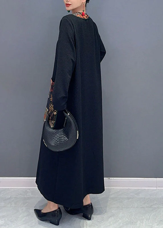 Bohemian Black V Neck Print Patchwork Long Dress Fall - Image 4