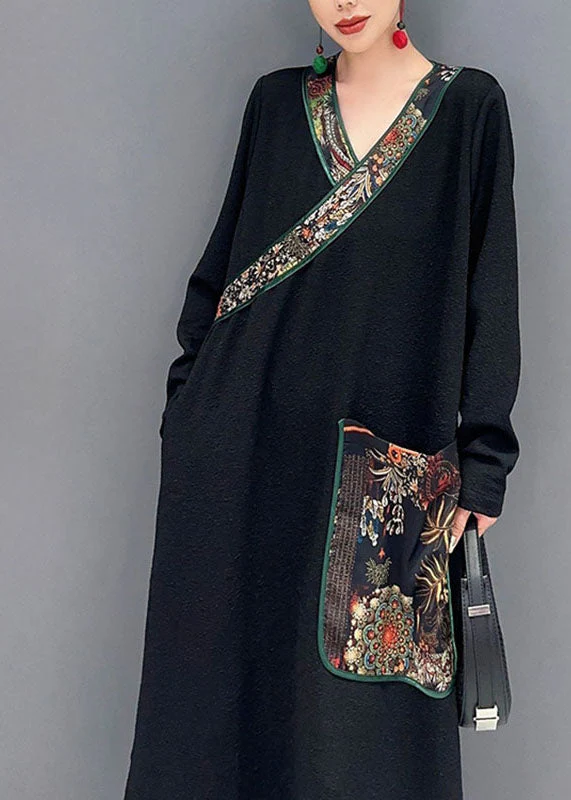 Bohemian Black V Neck Print Patchwork Long Dress Fall - Image 5