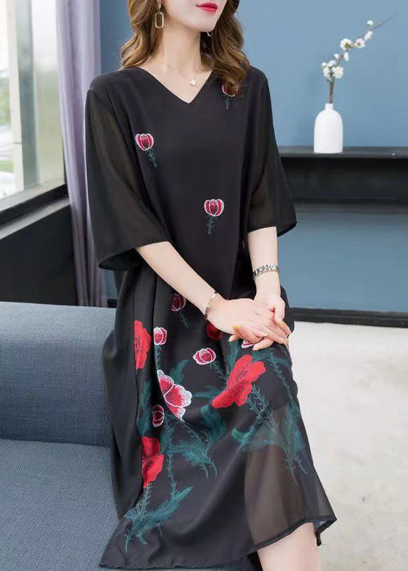 Bohemian Black V Neck Rose Patchwork Chiffon Dress Summer - Image 2