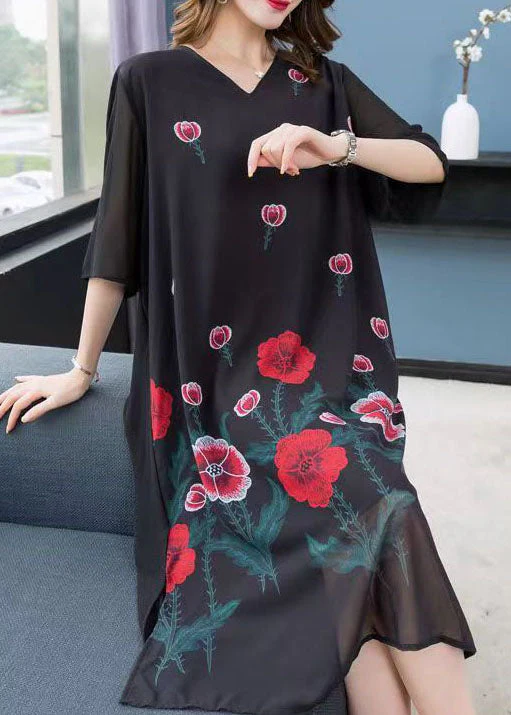 Bohemian Black V Neck Rose Patchwork Chiffon Dress Summer - Image 3
