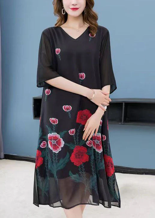 Bohemian Black V Neck Rose Patchwork Chiffon Dress Summer - Image 4