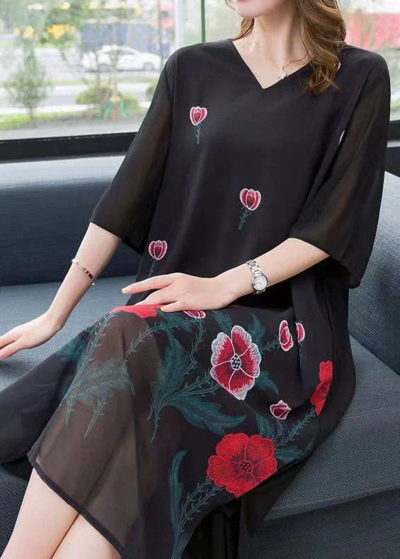 Bohemian Black V Neck Rose Patchwork Chiffon Dress Summer - Image 5