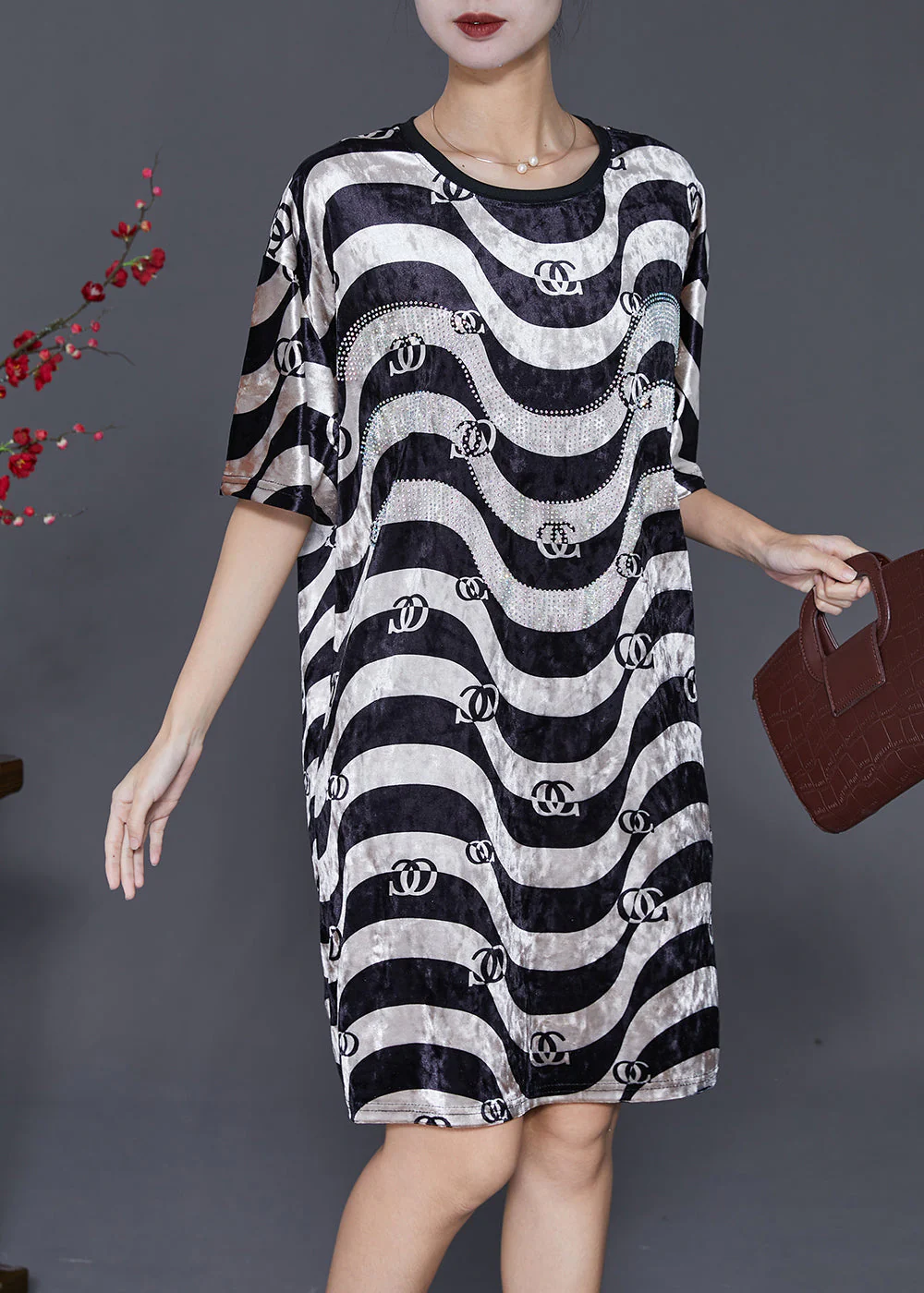 Bohemian Black White Wave Striped Silk Velour Dress Summer - Image 2
