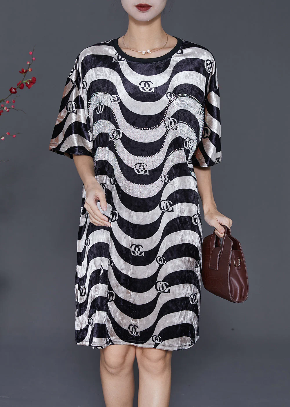 Bohemian Black White Wave Striped Silk Velour Dress Summer - Image 3