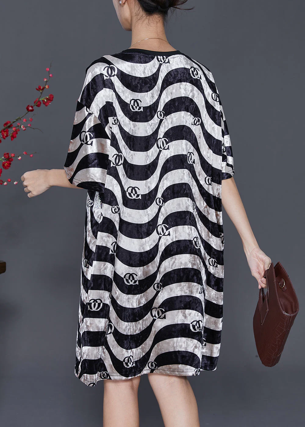 Bohemian Black White Wave Striped Silk Velour Dress Summer - Image 4