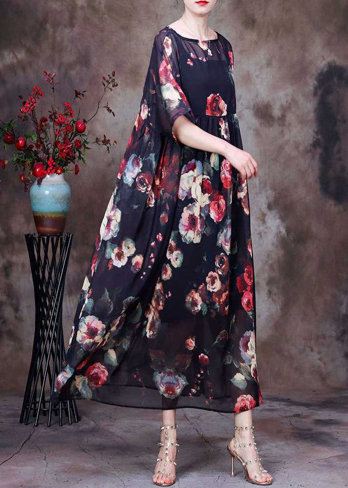 Bohemian Black Wrinkled Print Chiffon Long Dress And Dress Spaghetti Strap Two Piece Suit Set Summer - Image 2