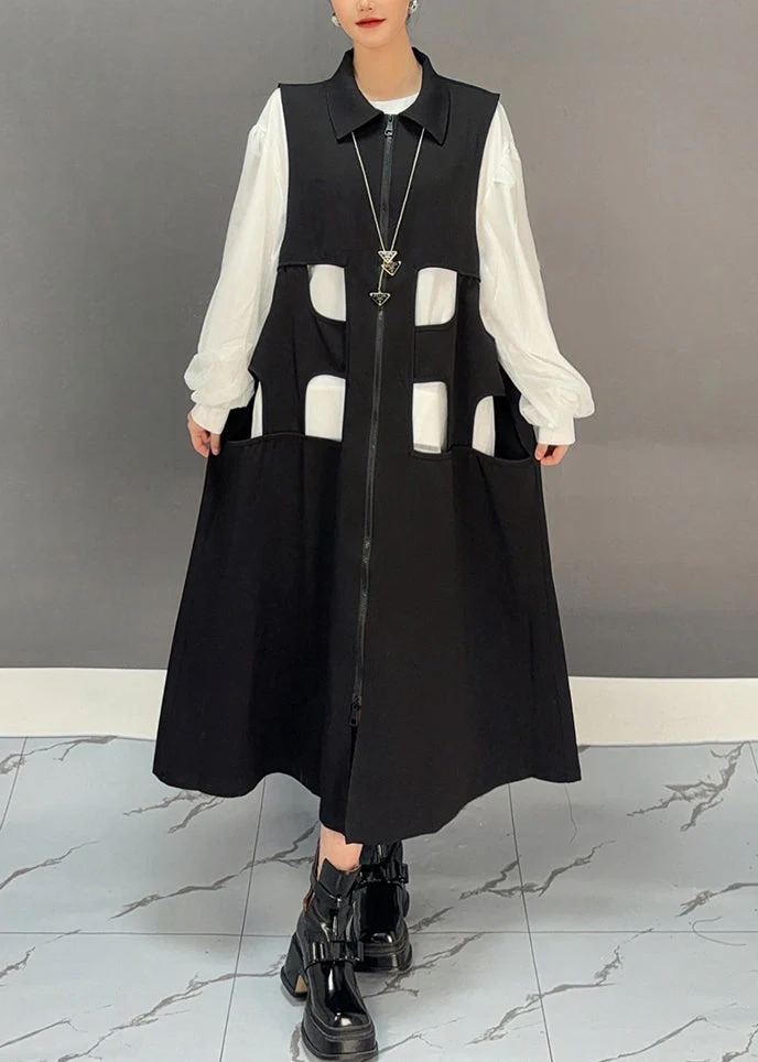 Bohemian Black Zippered Patchwork Hollow Out Long Waistcoat Dress Spring - Image 2