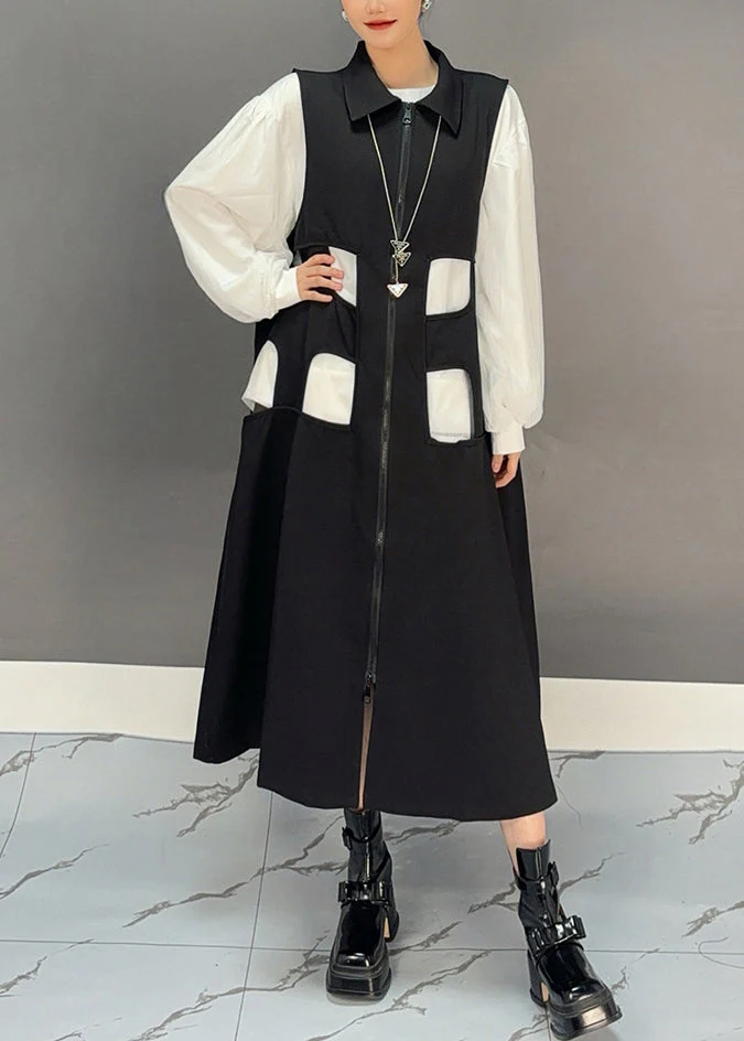 Bohemian Black Zippered Patchwork Hollow Out Long Waistcoat Dress Spring - Image 3