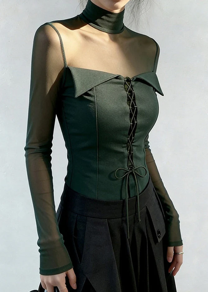 Bohemian Blackish Green Cross Strap Patchwork Tulle Blouse Tops Spring - Image 2