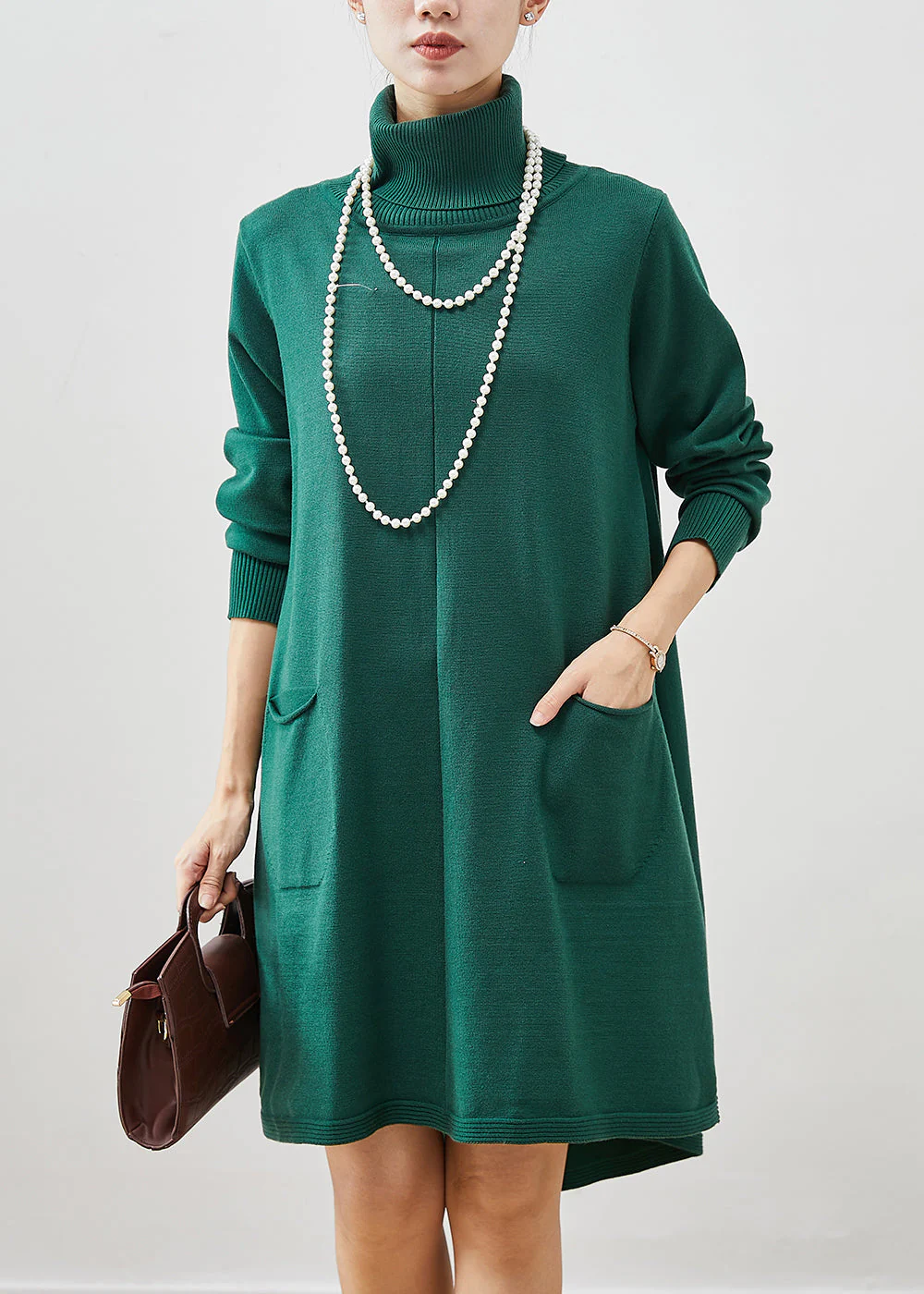 Bohemian Blackish Green High Neck Pockets Cotton A Line Dresses Spring - Image 2