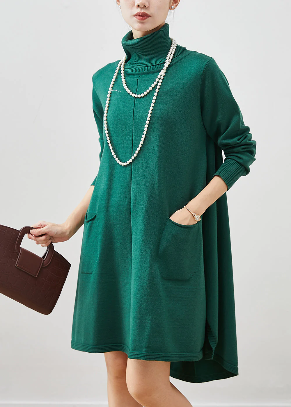 Bohemian Blackish Green High Neck Pockets Cotton A Line Dresses Spring - Image 3