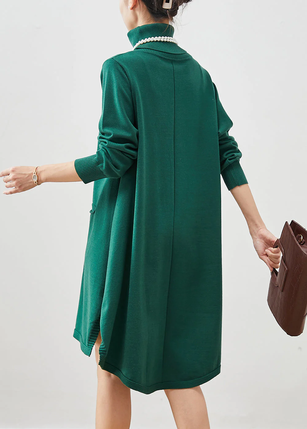 Bohemian Blackish Green High Neck Pockets Cotton A Line Dresses Spring - Image 4