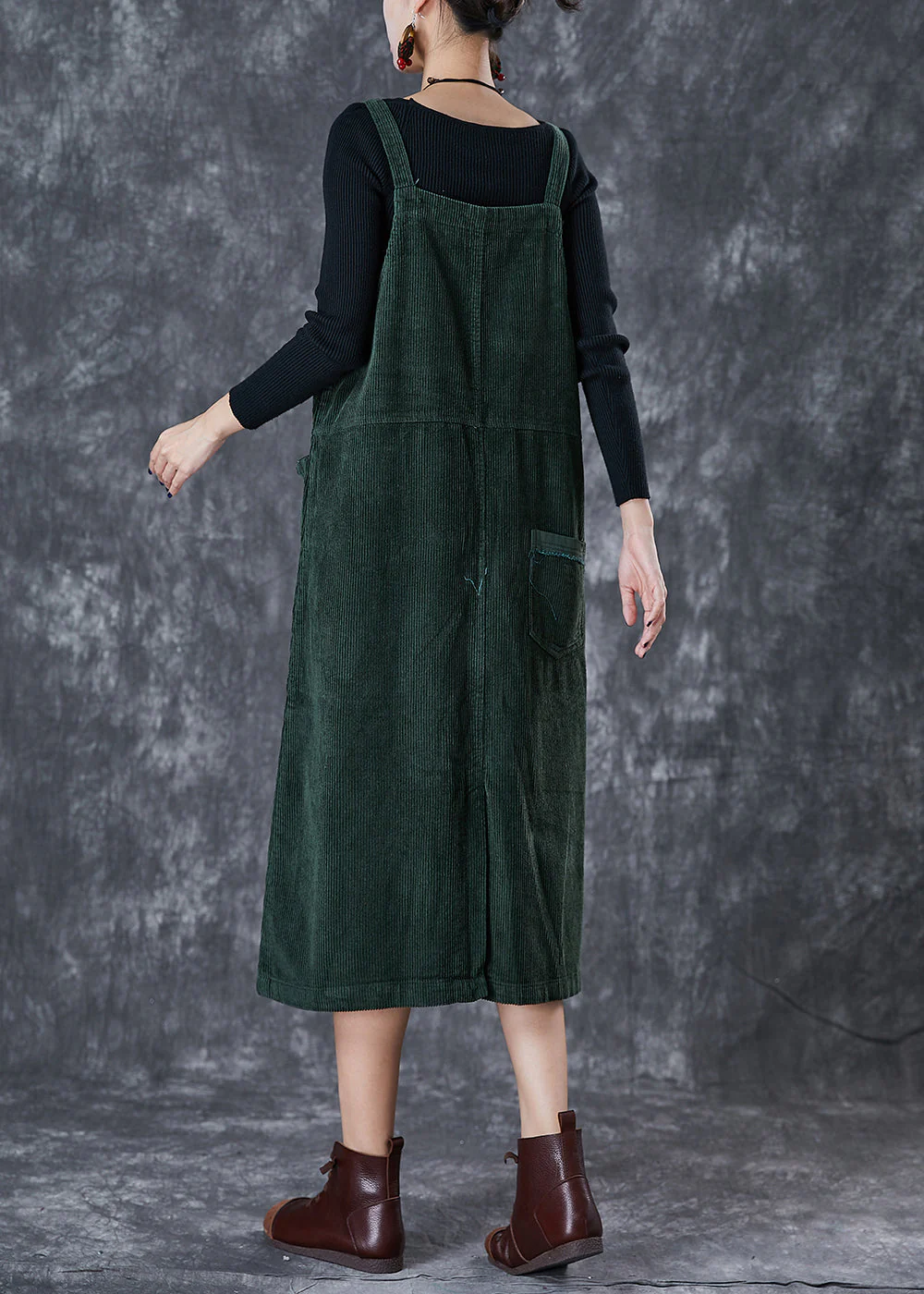 Bohemian Blackish Green Oversized Pockets Corduroy Strap Dress Fall - Image 4