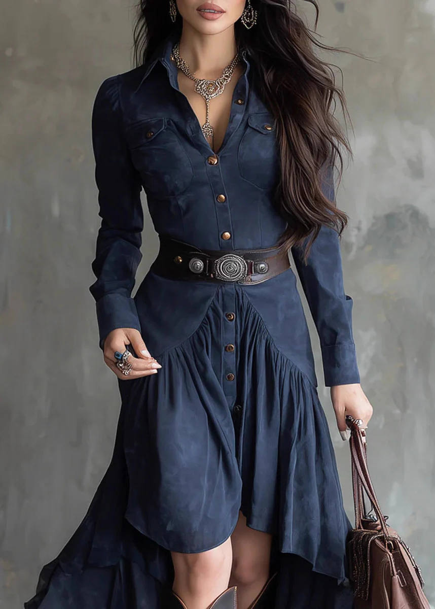 Bohemian Blue Asymmetrical Design Patchwork Faux Suede Dress Fall - Image 2