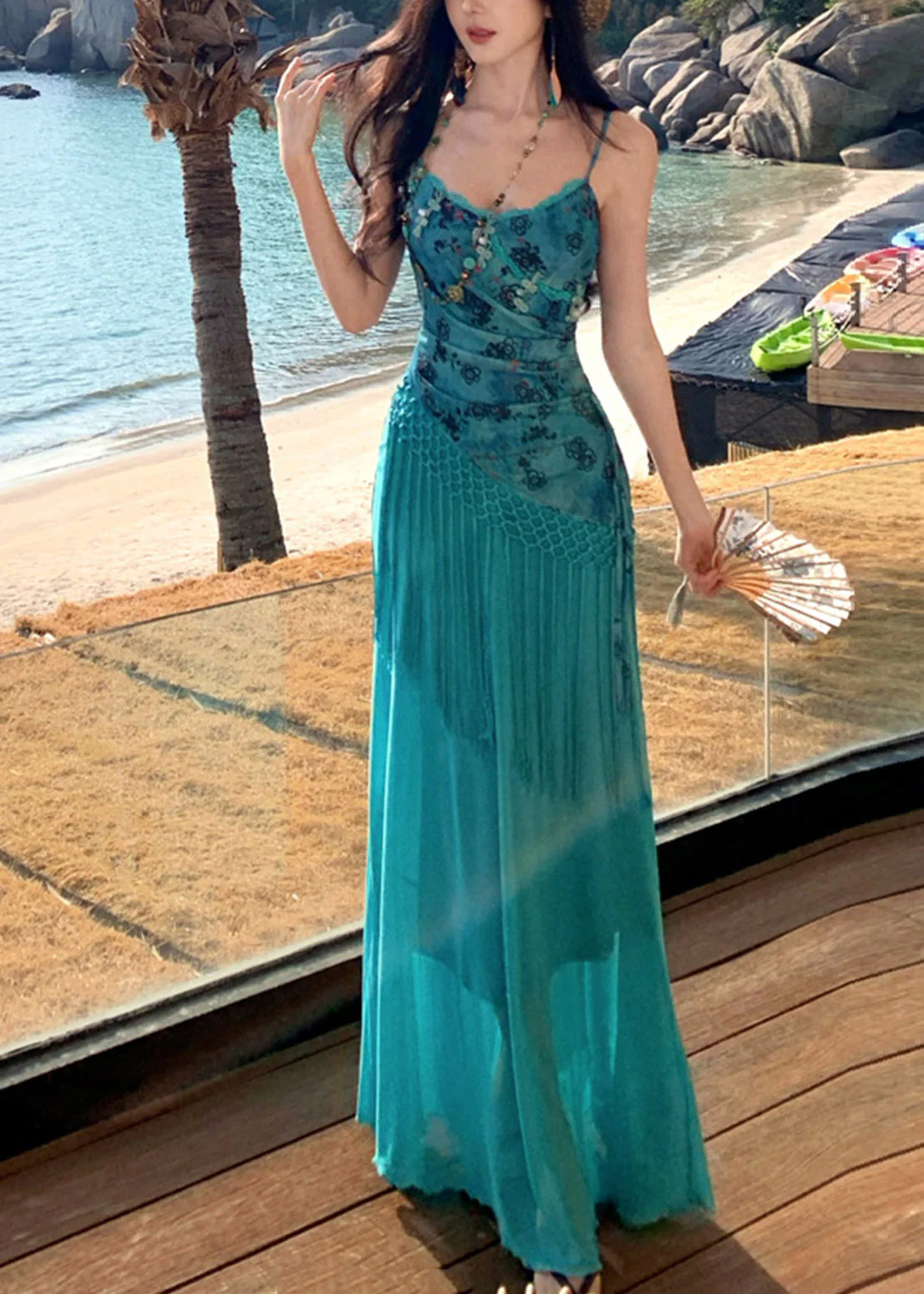 Bohemian Blue Asymmetrical Patchwork Tassel Maxi Spaghetti Strap Dress Sleeveless - Image 2