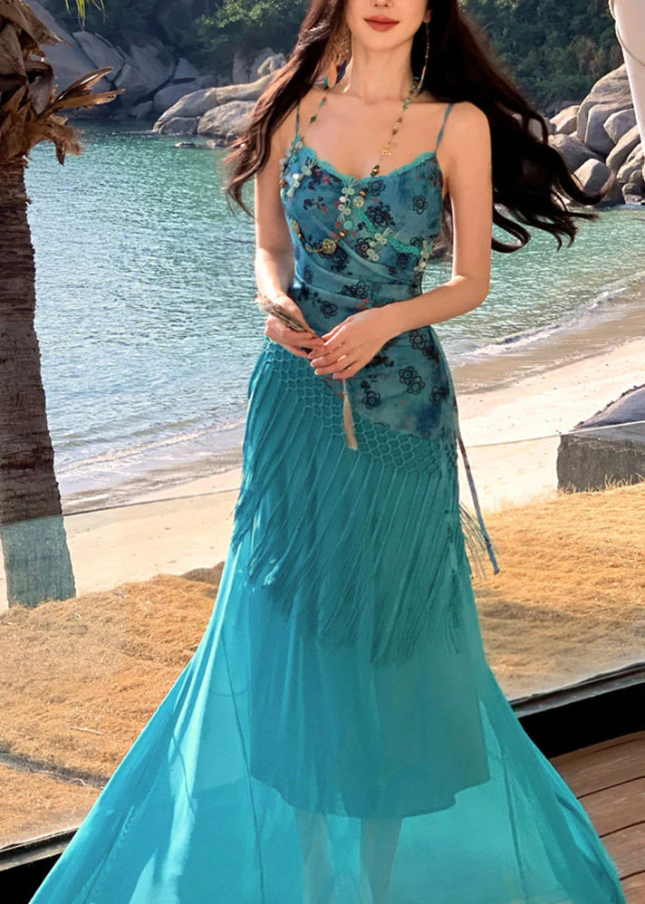 Bohemian Blue Asymmetrical Patchwork Tassel Maxi Spaghetti Strap Dress Sleeveless - Image 3