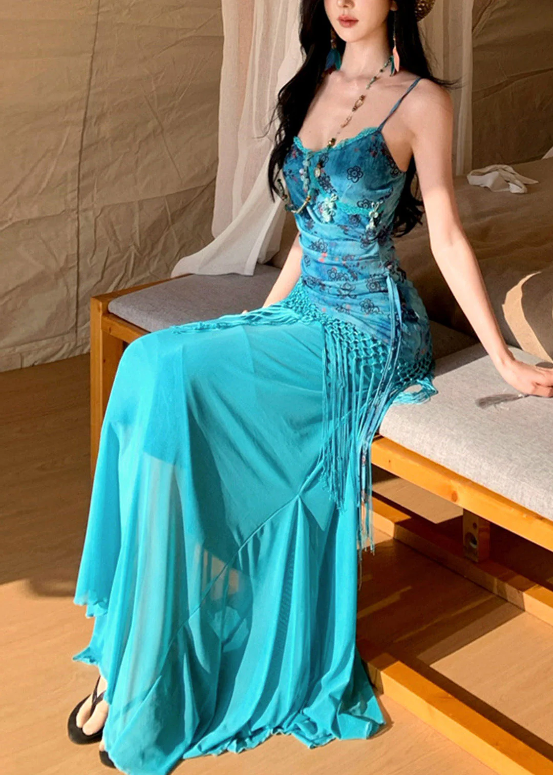 Bohemian Blue Asymmetrical Patchwork Tassel Maxi Spaghetti Strap Dress Sleeveless - Image 4