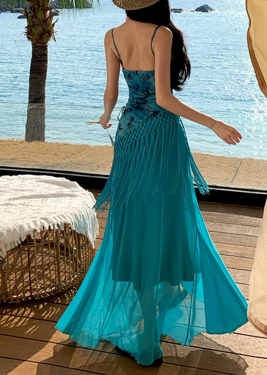 Bohemian Blue Asymmetrical Patchwork Tassel Maxi Spaghetti Strap Dress Sleeveless - Image 5