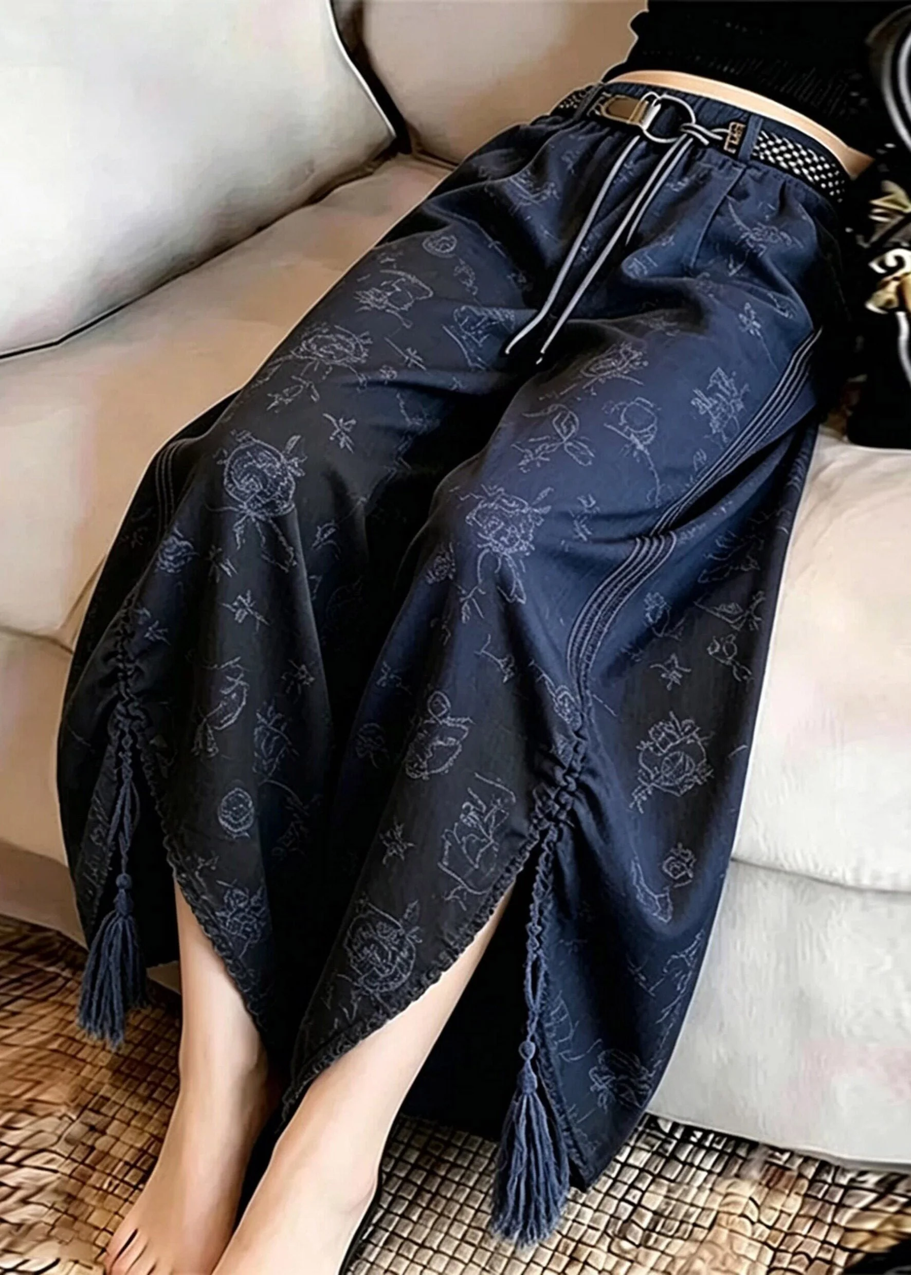 Bohemian Blue Asymmetrical Print Side Open Wide Leg Pants - Image 3