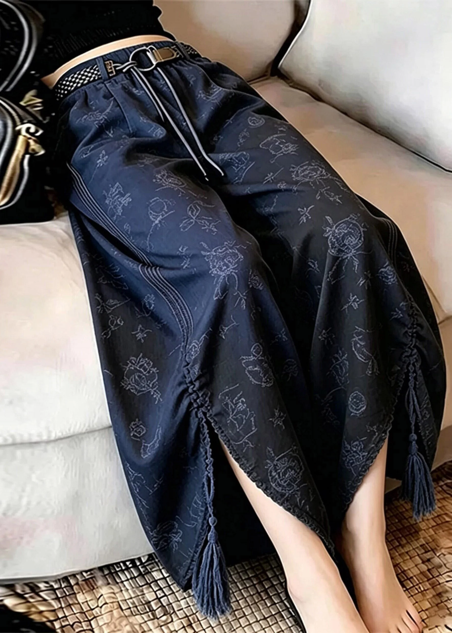 Bohemian Blue Asymmetrical Print Side Open Wide Leg Pants - Image 5