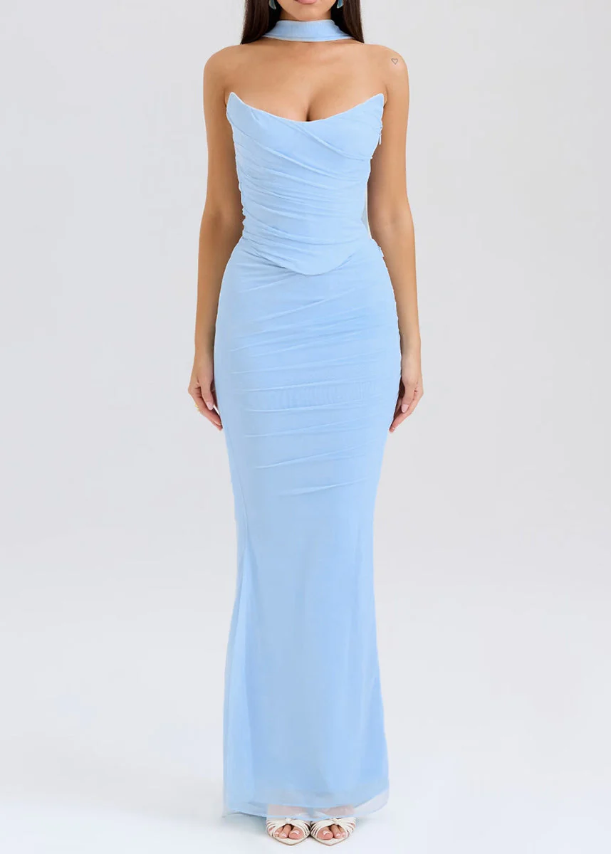 Bohemian Blue Backless Wraped Tulle Strapless Dress