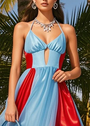 Bohemian Blue Bustier Top Patchwork Chiffon Holiday Dress Summer - Image 2