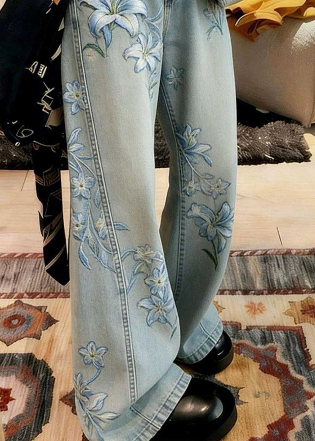 Bohemian Blue Embroidered Floral Denim Wide Leg Pants Spring - Image 2