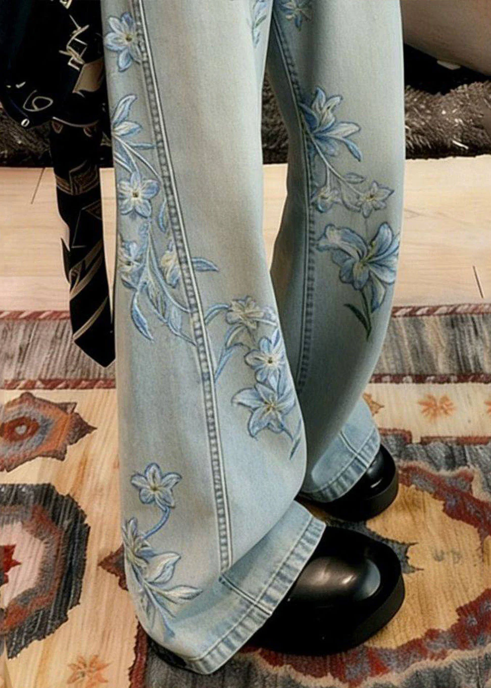 Bohemian Blue Embroidered Floral Denim Wide Leg Pants Spring - Image 3