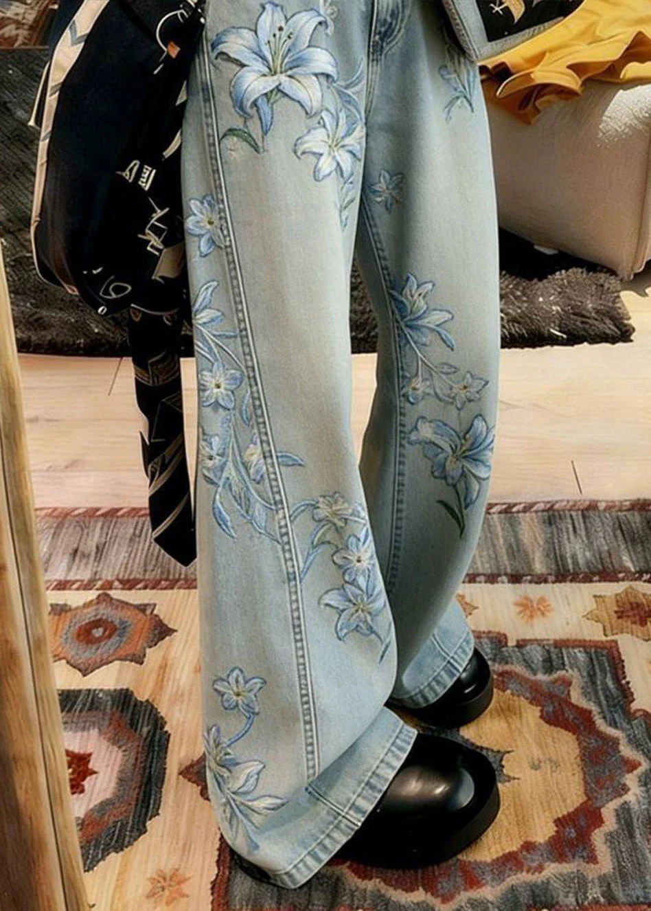 Bohemian Blue Embroidered Floral Denim Wide Leg Pants Spring - Image 4